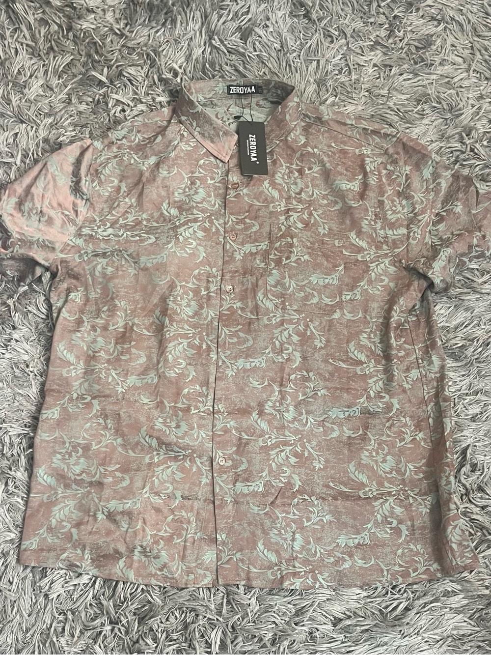Zeroyaa Men’s Rose Gold Sage Green Floral-Print Short Sleeve Shirt 2XL NWT
